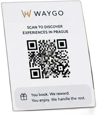 Waygo QR table tent — scan to discover experiences in Prague